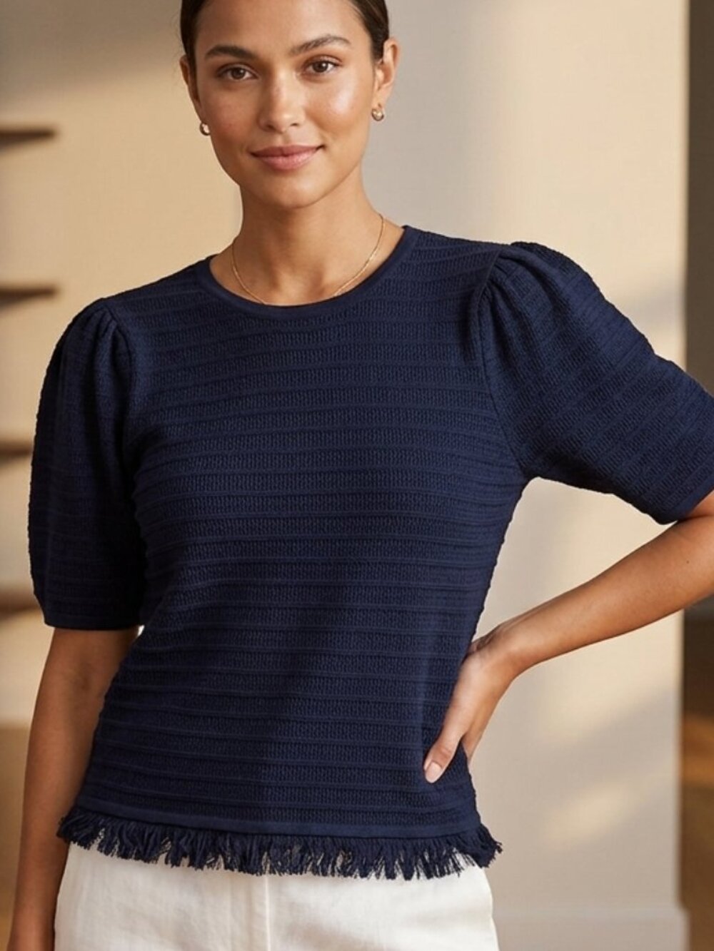 Adrienne Papell Navy Puff Sleeve Fringe Hem Knit Top Size L